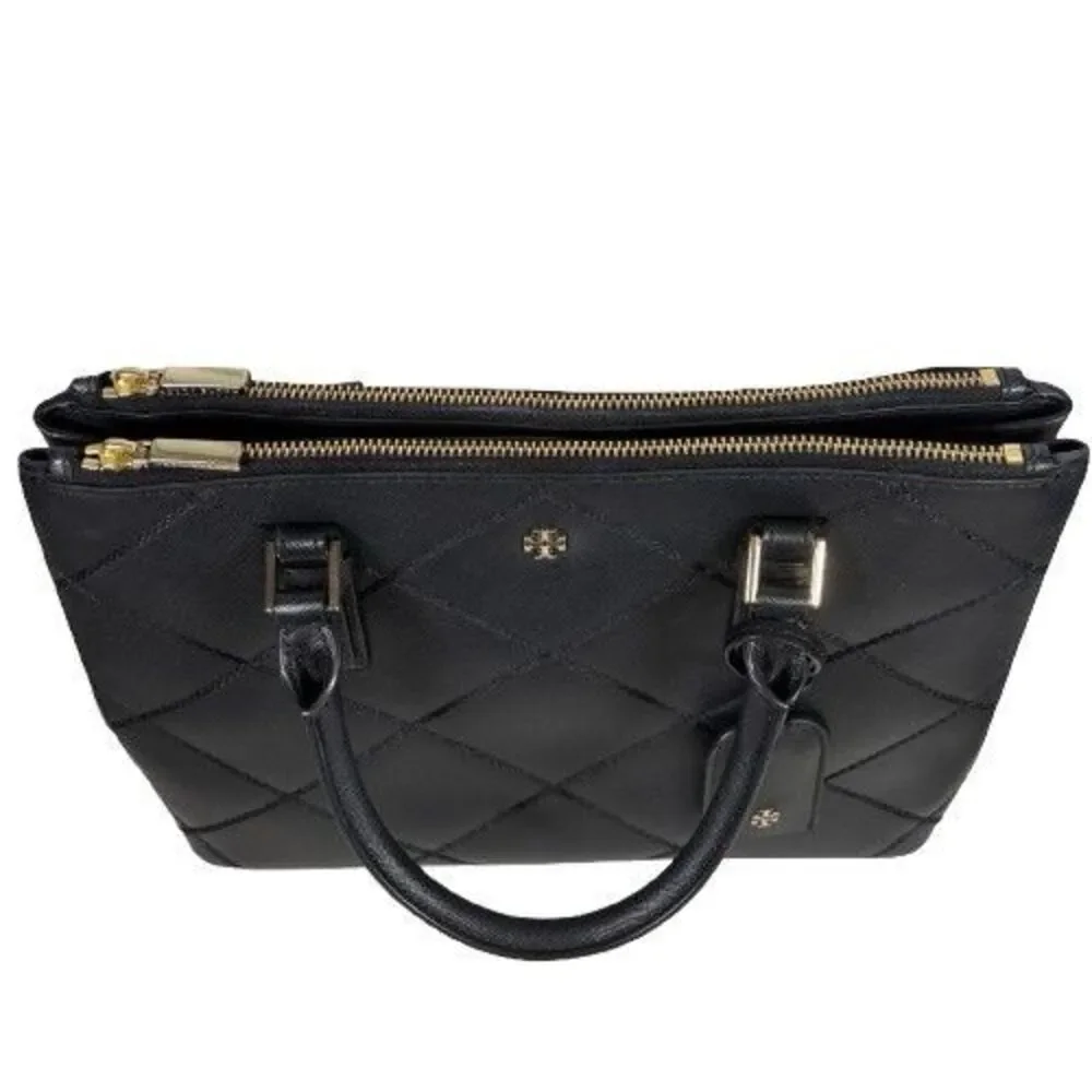 Tory Burch Robinson Black Wild Stitch Leather Double Zip Tote Shoulder Bag Purse